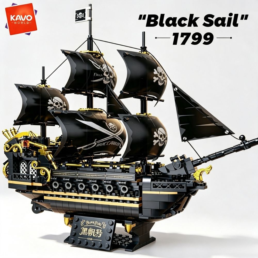 Kids Toys Supplier - KAVOWORLD 801pcs Black Sail Pirate Ship